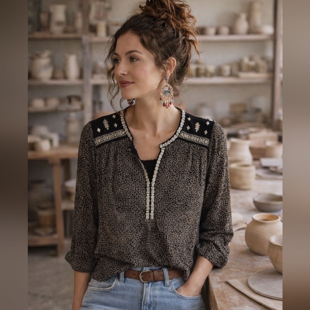 NWT Lucky Brand 1X Black Boho Embroidered Blouse